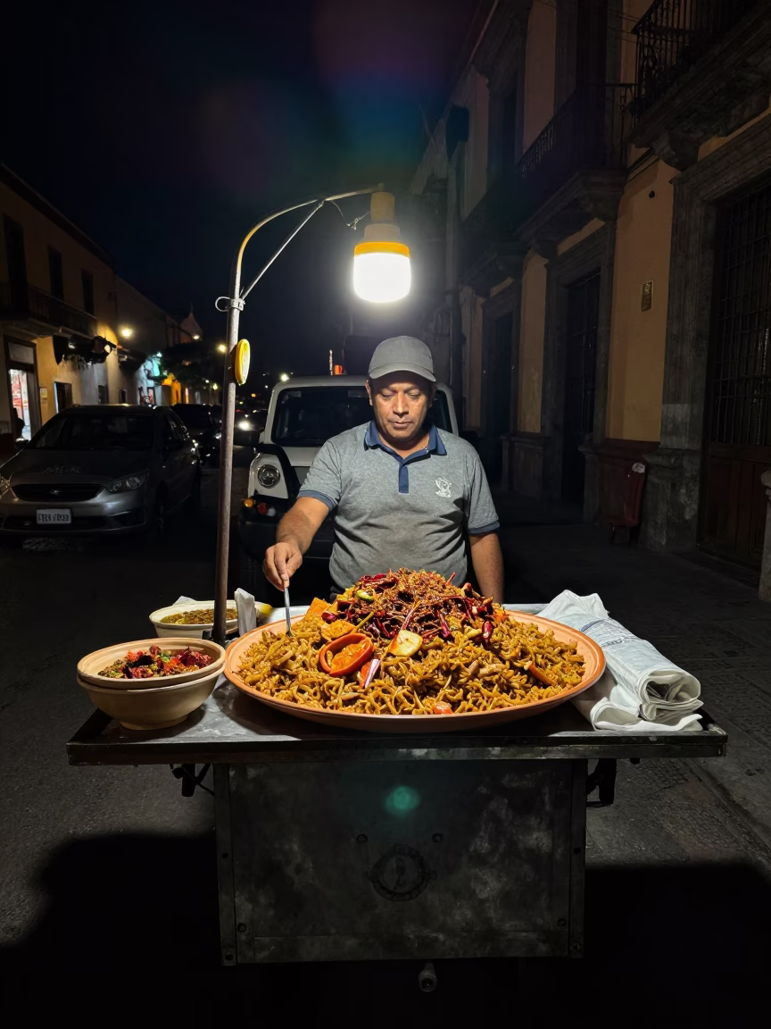 Nighttime Street Vendor in Mexico City Selling Koshari with Ceramic Plate and Rusty Cart in in Mexico City, Mexico