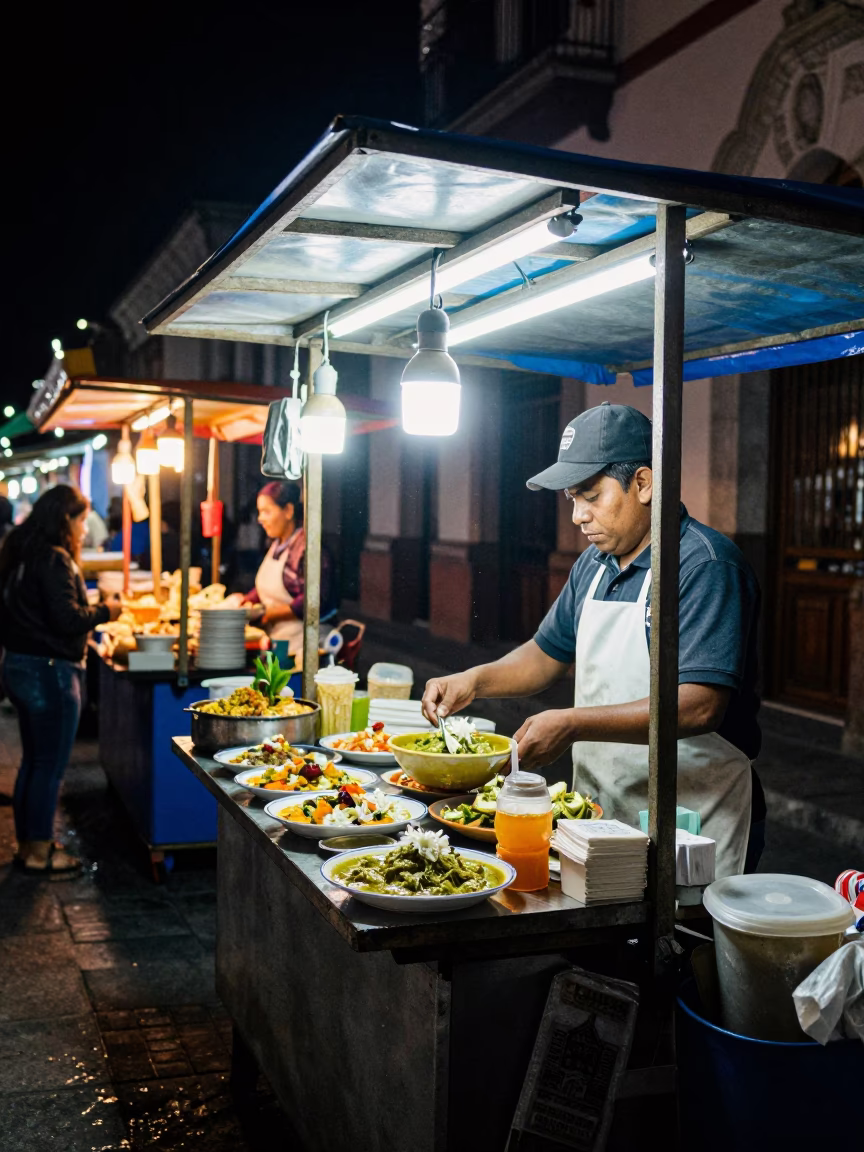 Nighttime Street Vendor in Quito Ecuador with Colorful Food Stall and City Lights in in Quito, Ecuador