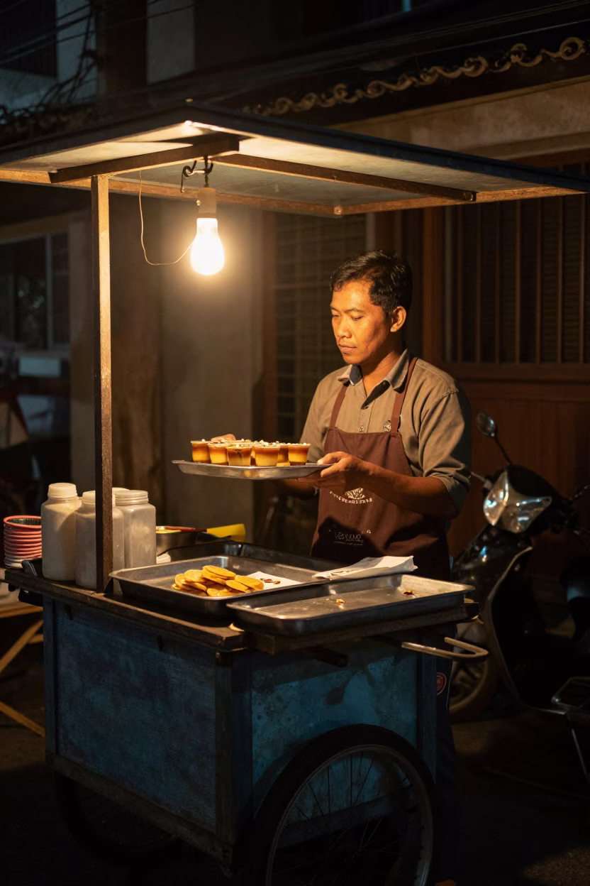 Nighttime Street Vendor in Yogyakarta Indonesia Serving Hot Snack with Vintage Style in in Yogyakarta, Indonesia