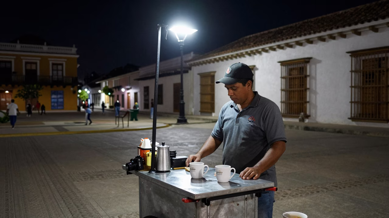 Nighttime Street Vendor Serving Coffee to Locals in Cartagena Colombia in in Cartagena, Colombia