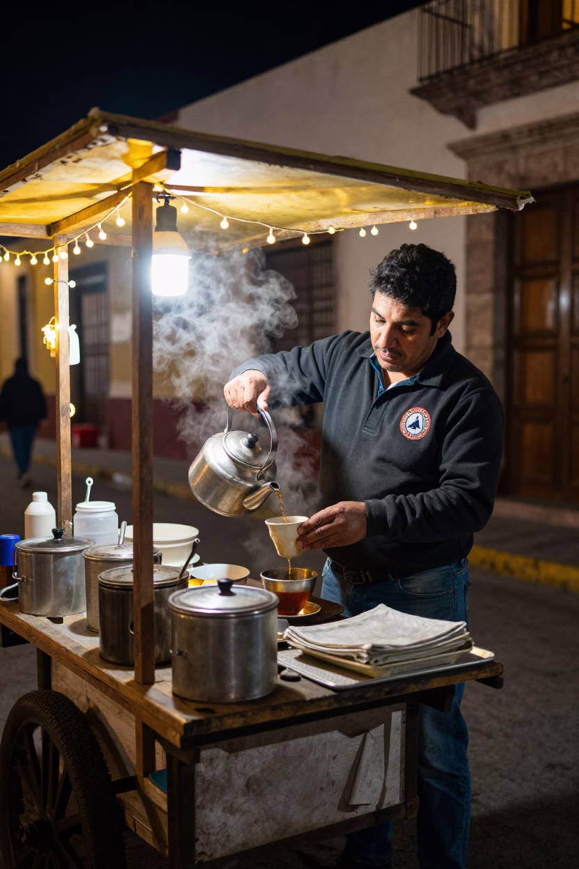 Nighttime Street Vendor Serving Hot Tea with Steam and String Lights in Guadalajara Mexico in in Guadalajara, Mexico
