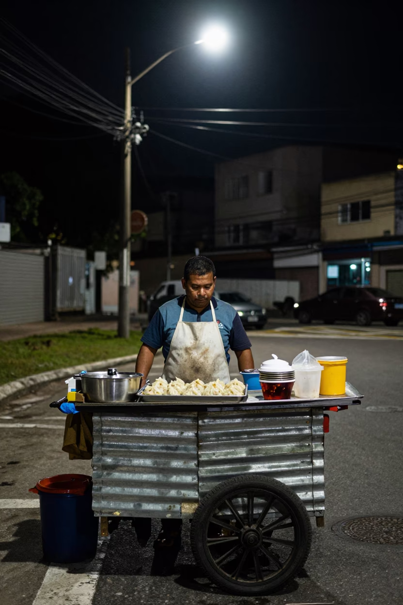 Nighttime Street Vendor Serving Momos and Chutney in São Paulo Brazil in in São Paulo, Brazil