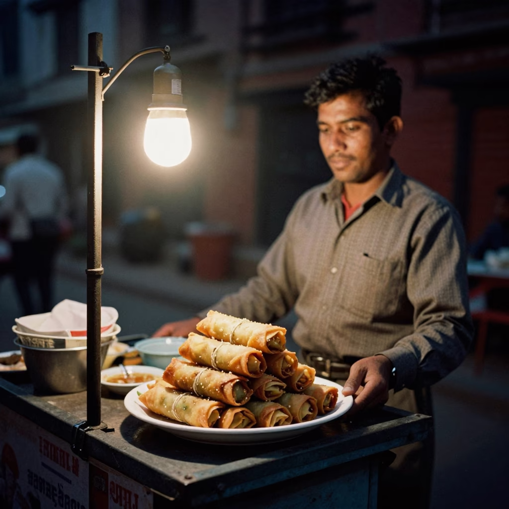 Nighttime Street Vendor Serving Plate of Lumpia Spring Rolls in Kathmandu Nepal in in Kathmandu, Nepal