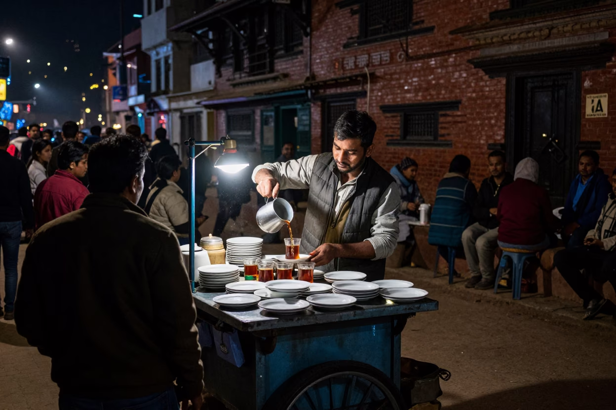 Nighttime Street Vendor Serving Tea in Busy Kathmandu Nepal with Blue Porcelain Plates in in Kathmandu, Nepal