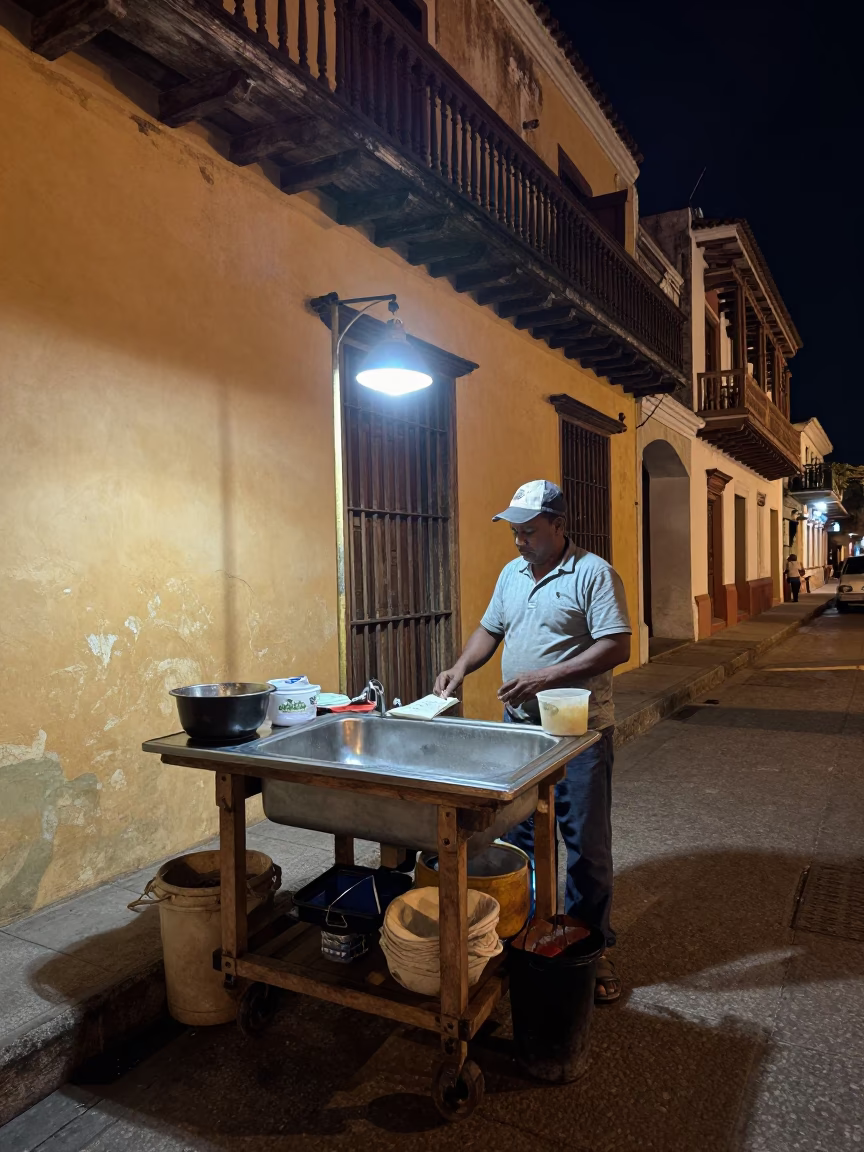 Nighttime Street Vendor Sink Setup in Colonial Cartagena Colombia in in Cartagena, Colombia