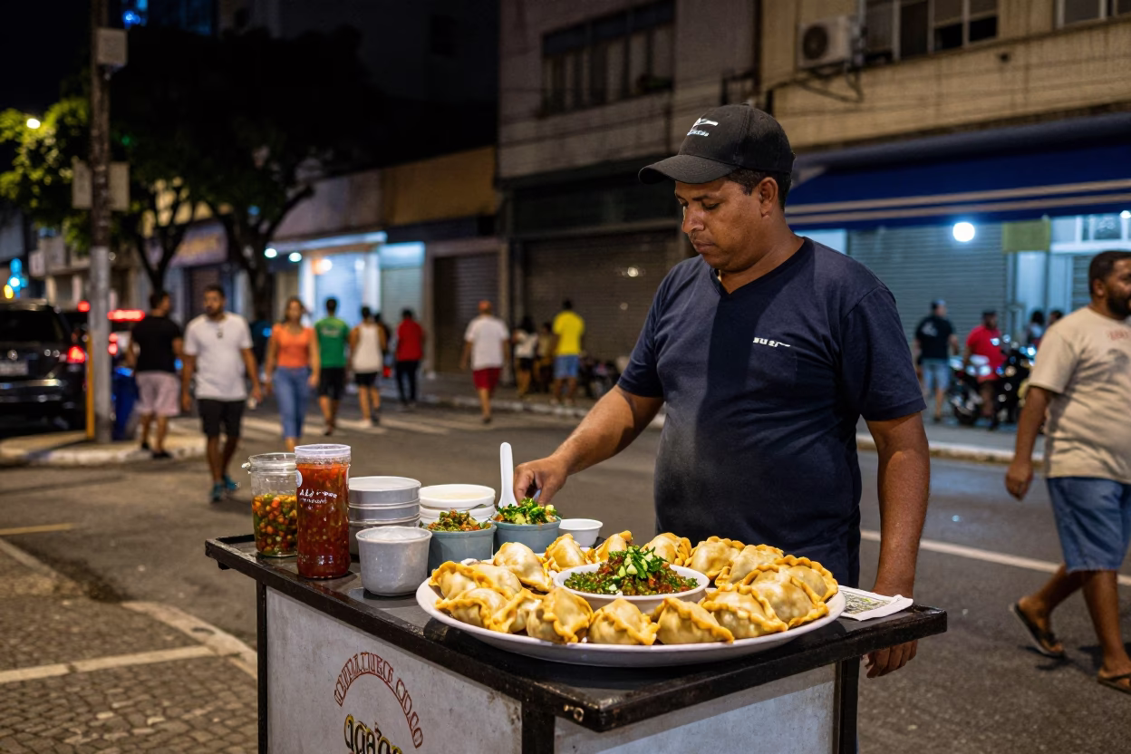 Nighttime Street Vendor Stall in São Paulo Brazil with Empanadas and Chimichurri in in São Paulo, Brazil