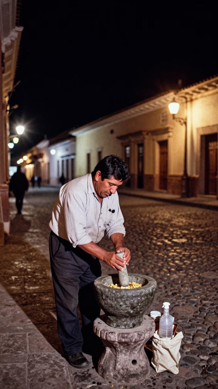 Nighttime Street Vendor with Mortar and Pestle in La Paz Bolivia in in La Paz, Bolivia