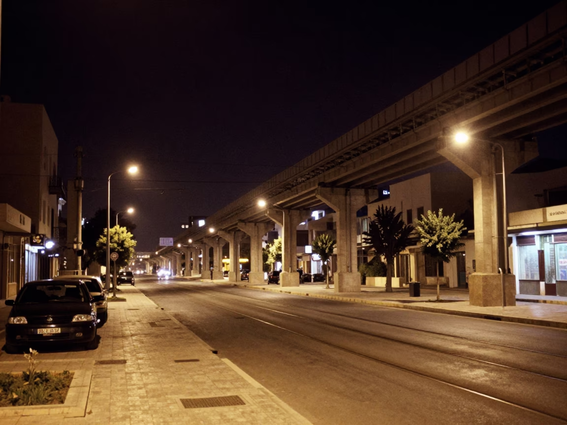 Nighttime Street View of Tunis Tunisia with Monorail Tracks and Urban Architecture in in Tunis, Tunisia