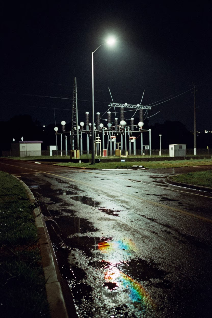 Nighttime Substation Road in Durban South Africa with Oil Sheen Puddles and Industrial Lighting in in Durban, South Africa