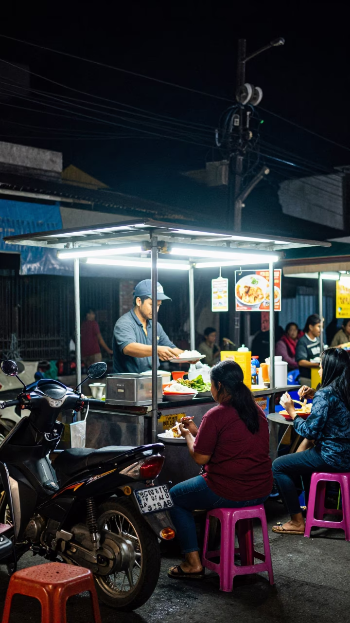 Nighttime Surabaya Street Food Stall with Motorcycle and Local Diners in in Surabaya, Indonesia