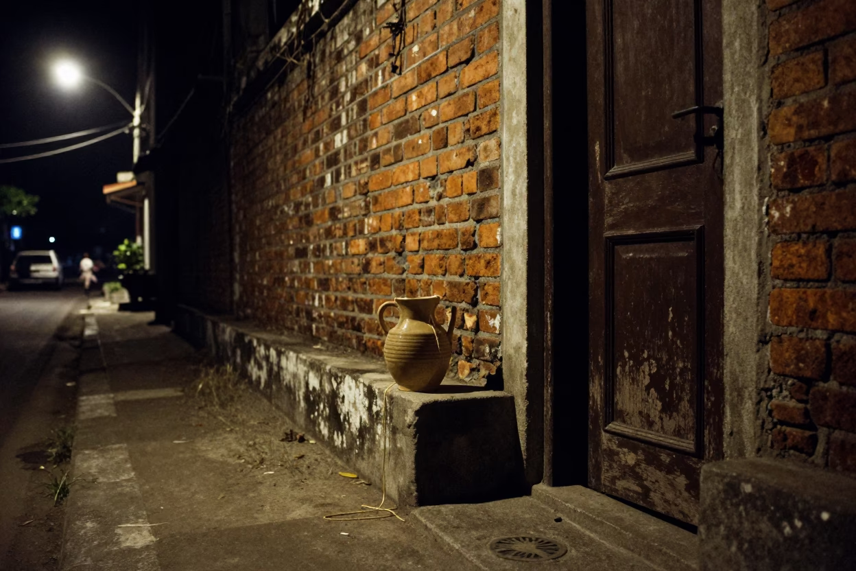 Nighttime Surabaya Street Scene with Ceramic Pitcher and Twine Fibers on Wall in in Surabaya, Indonesia