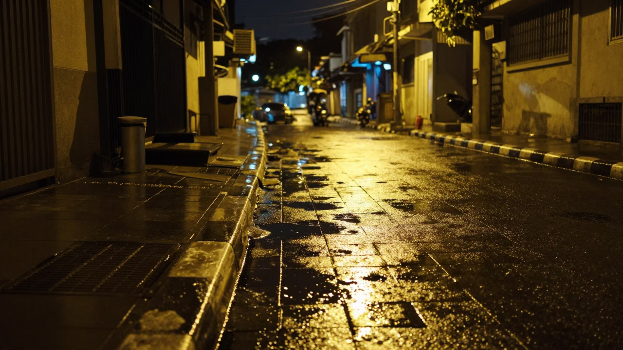 Nighttime Surabaya Street Scene with Wet Tile Grout and Grease Sheen in in Surabaya, Indonesia
