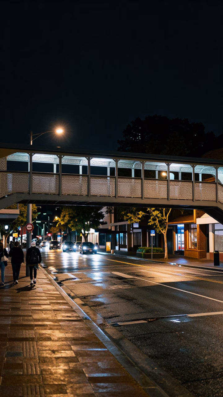 Nighttime Sydney Street Scene with Pedestrian Overpass and Wet Footsteps in in Sydney, New South Wales, Australia