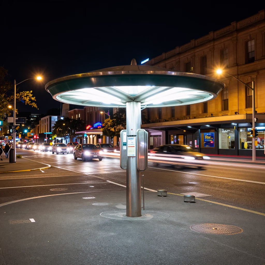 Nighttime Sydney Street Scene with Valet Stand and Hotel Awning Reflections in in Sydney, New South Wales, Australia
