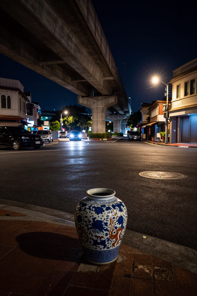 Nighttime Tainan Street Scene with Porcelain Jar and Flyover Shadows in in Tainan, Taiwan
