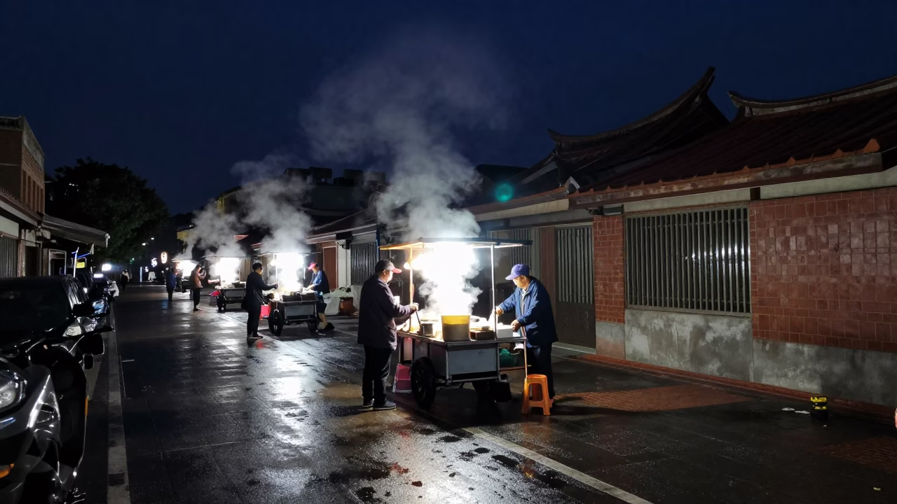 Nighttime Tainan street scene with steam rising from food vendor and bicycle basket in in Tainan, Taiwan