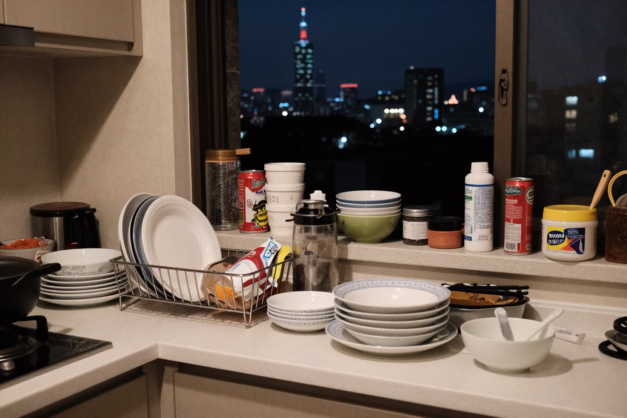 Nighttime Taipei Kitchen Counter Cluttered with Dishes and City Lights in in Taipei, Taiwan