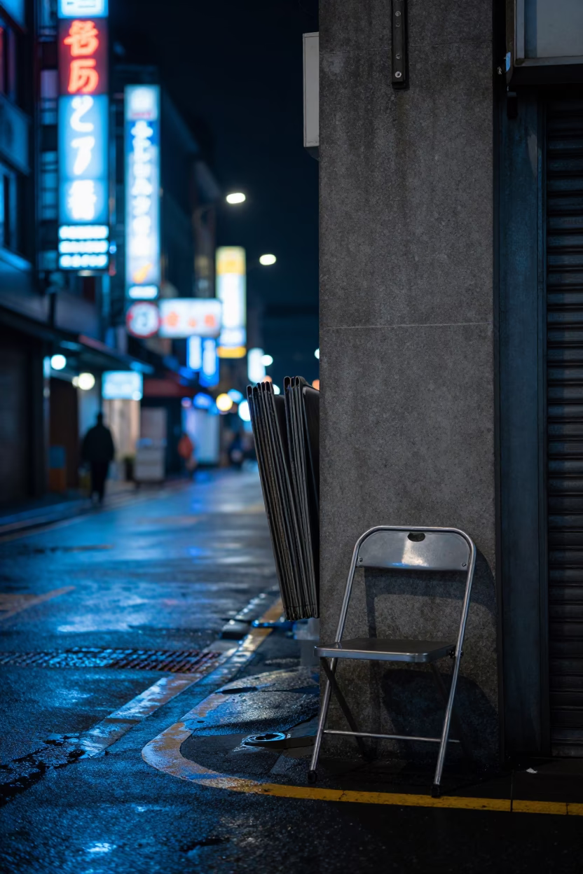 Nighttime Taipei Street Corner with Neon Signs and Folded Chair in in Taipei, Taiwan