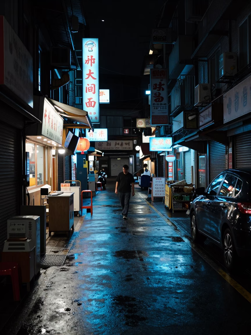 Nighttime Taipei Street Scene with Grease Sheen on Metal Pitcher Handle in in Taipei, Taiwan