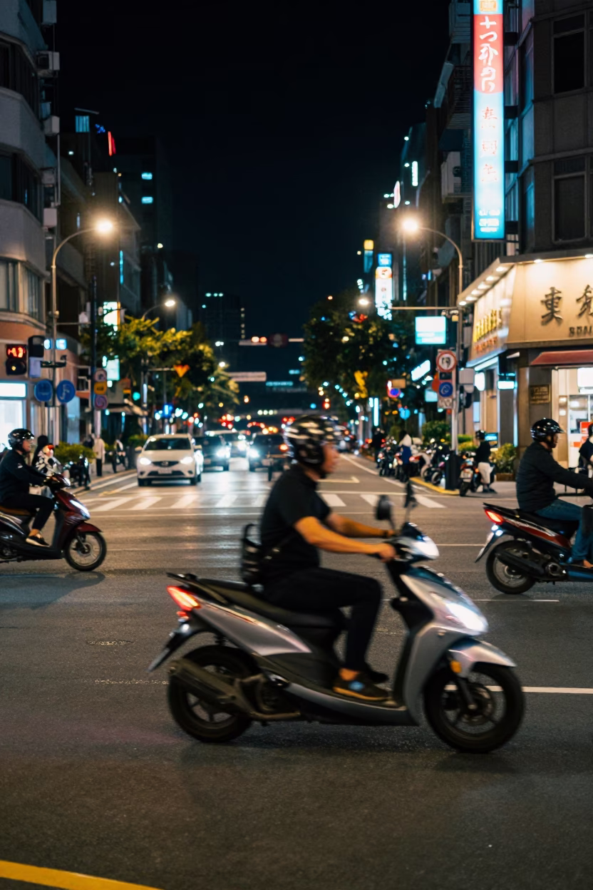 Nighttime Taipei Street Scene with Scooter Traffic and Neon Lights in Taiwan in in Taipei, Taiwan