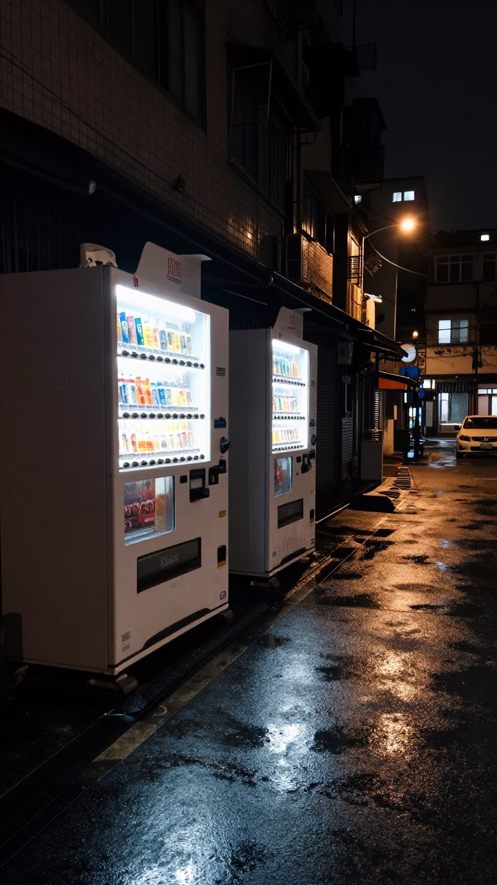 Nighttime Taipei Street Scene with Vending Machines and Wet Pavement Reflections in in Taipei, Taiwan