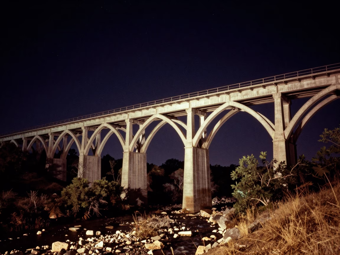 Nighttime Texas Hill Country Viaduct and Railway Scene in Austin in in Austin, Texas, United States