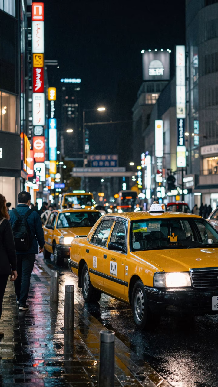 Nighttime Tokyo Street Scene with Yellow Taxi and Rain Boots Near Train Station in in Tokyo, Japan