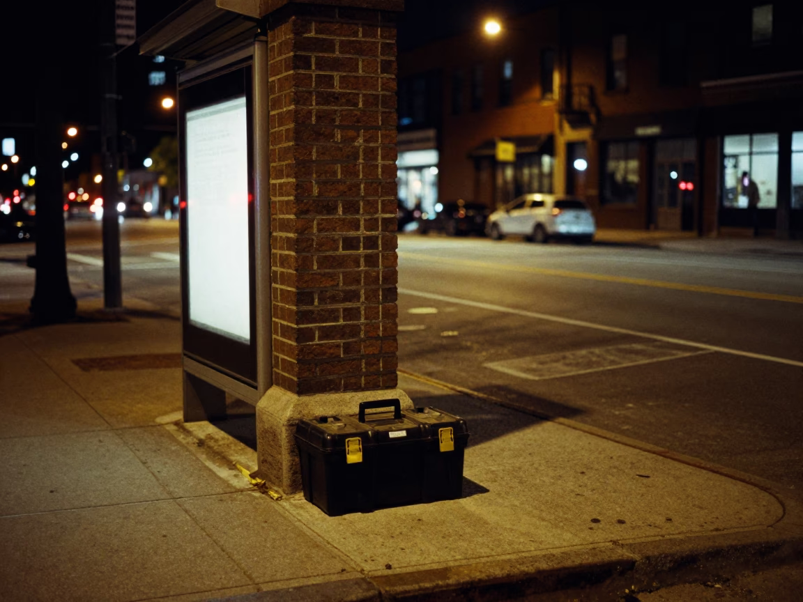 Nighttime Toronto Street Corner with Toolbox and Urban Details in in Toronto, Ontario, Canada