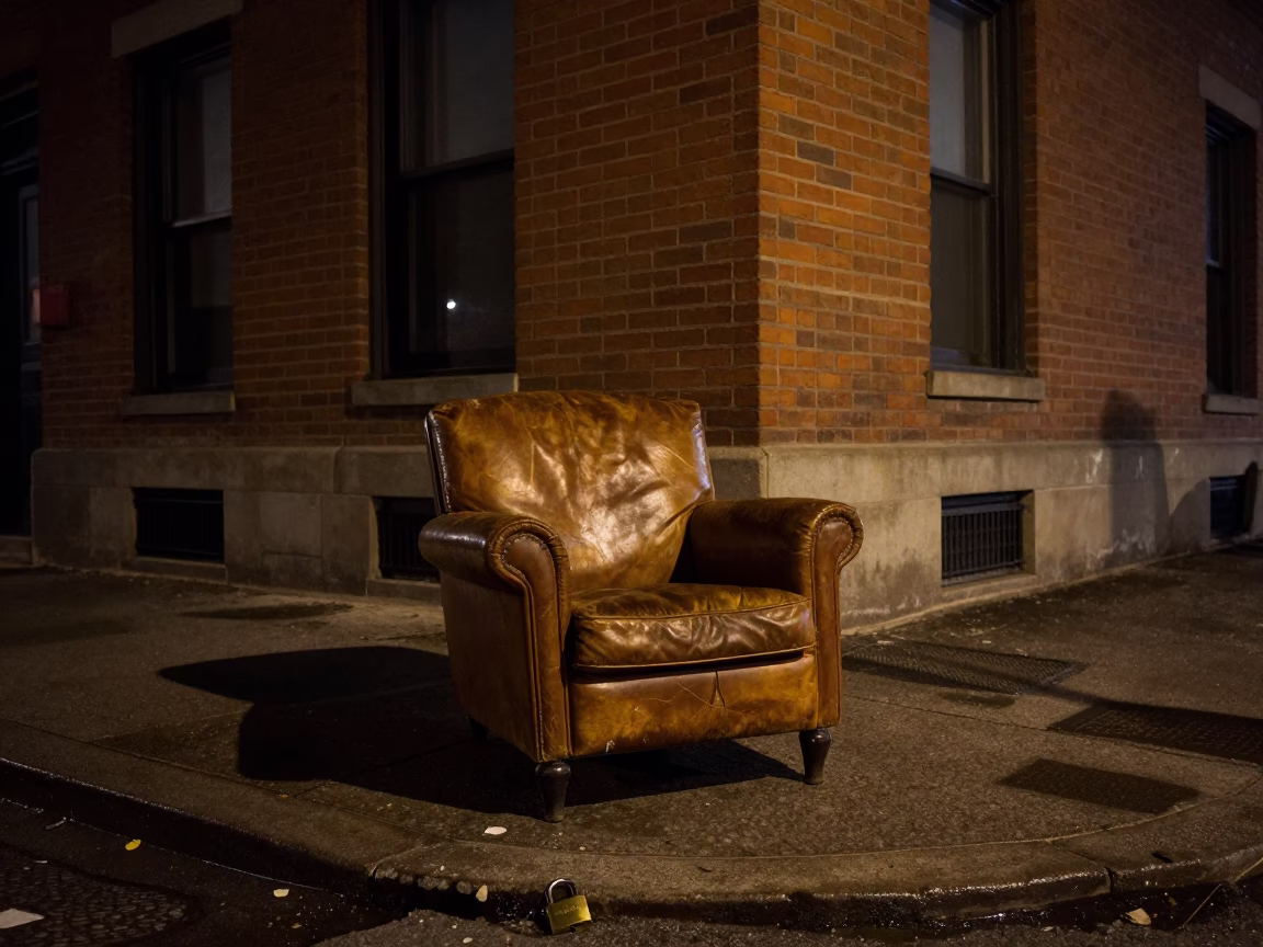 Nighttime Toronto Street Corner with Vintage Armchair and Padlock Detail in in Toronto, Ontario, Canada
