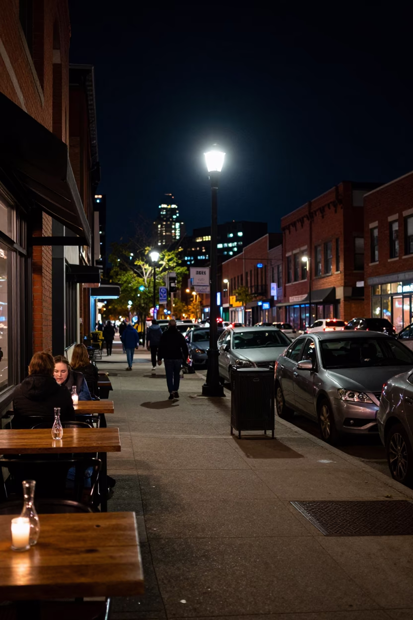 Nighttime Toronto Street Scene with Carafe and Glass Vase on Urban Cafe Table in in Toronto, Ontario, Canada