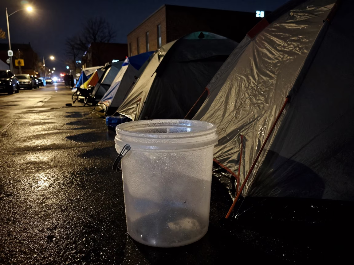 Nighttime Toronto Street Scene with Condensation on Bucket and Glass Cloche in in Toronto, Ontario, Canada