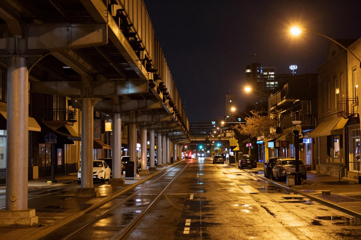 Nighttime Toronto Street Scene with Monorail Tracks and Urban Architecture in in Toronto, Ontario, Canada