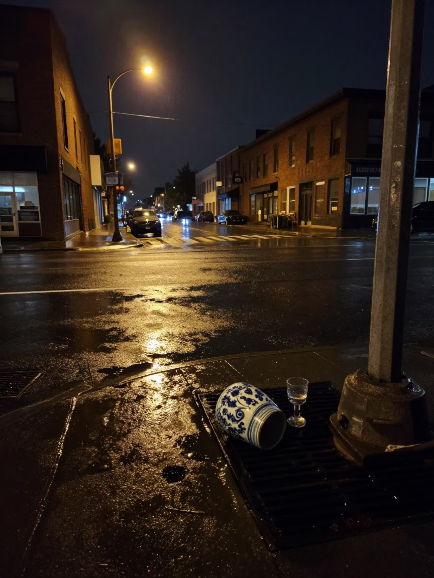 Nighttime Toronto Street Scene with Porcelain Jar and Glass Tumbler on Wet Pavement in in Toronto, Ontario, Canada
