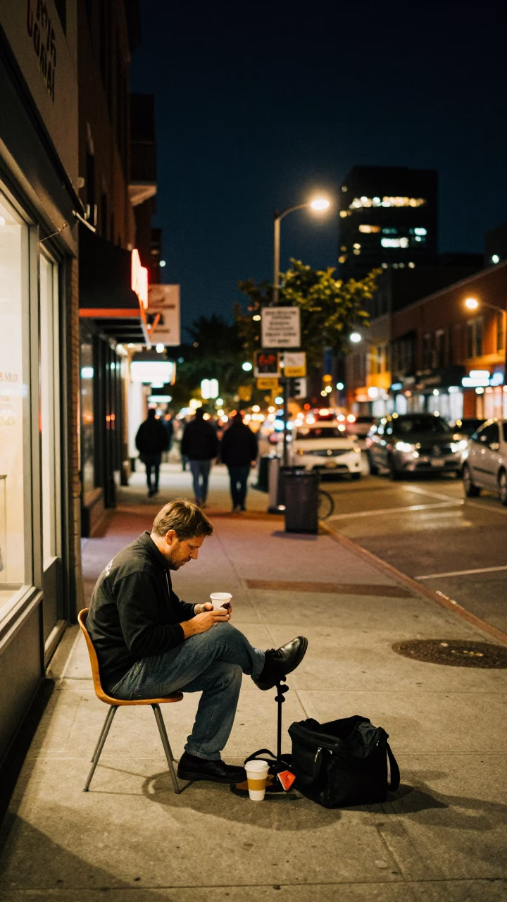 Nighttime Toronto Street Scene with Shoe Shiner and Coffee Cup Under Deep Sky in in Toronto, Ontario, Canada