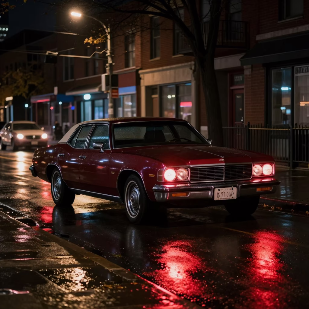 Nighttime Toronto Street Scene with Vintage 1970s Car and Neon Lights in in Toronto, Ontario, Canada