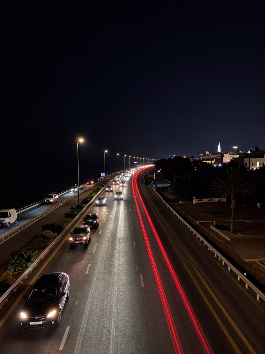 Nighttime Traffic Light Trails on Alexandria Coastal Highway with Street Lamps in in Alexandria, Egypt