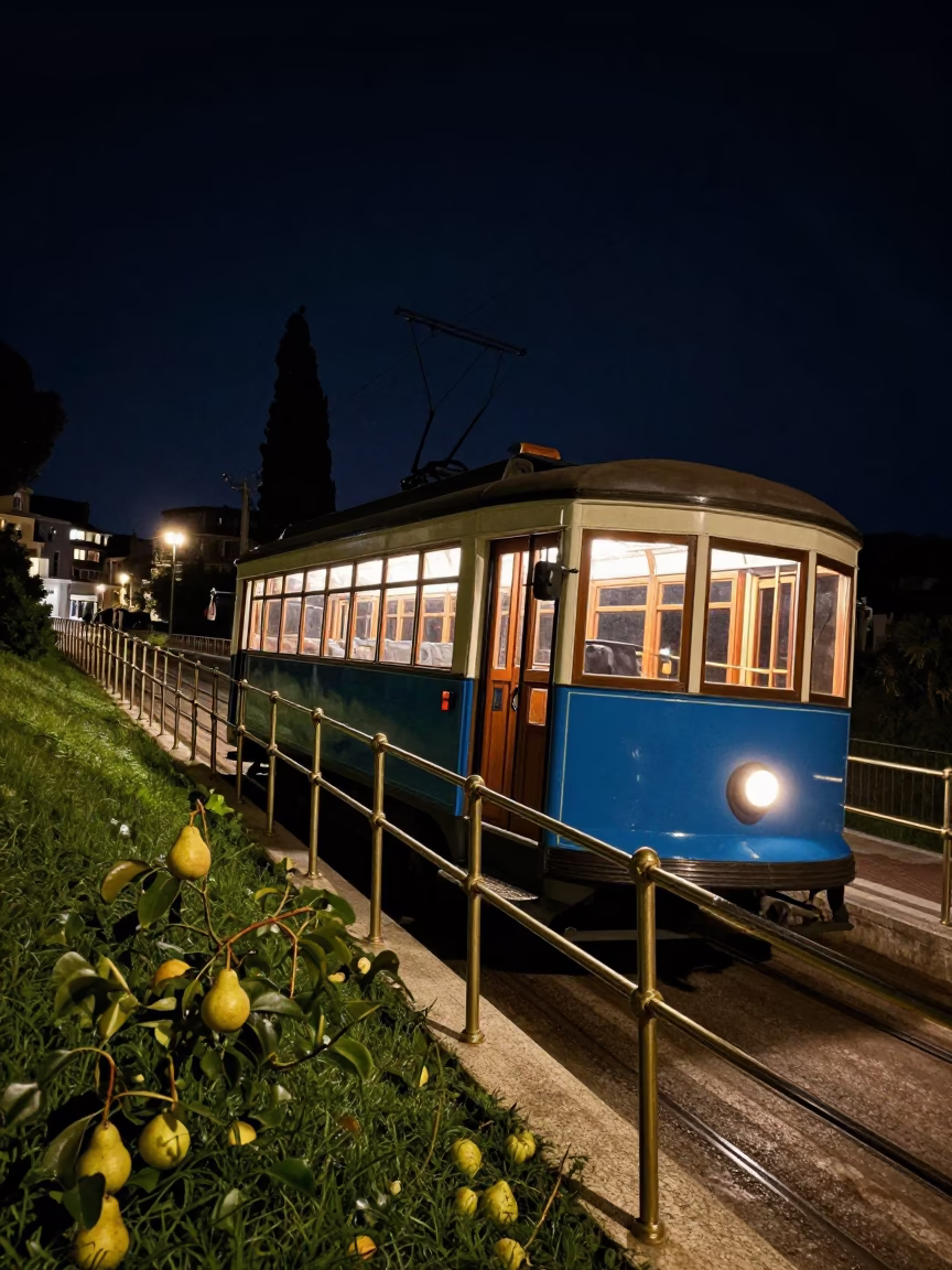 Nighttime Tram Ascent in Nice France with Brass Rail and Pears in in Nice, France