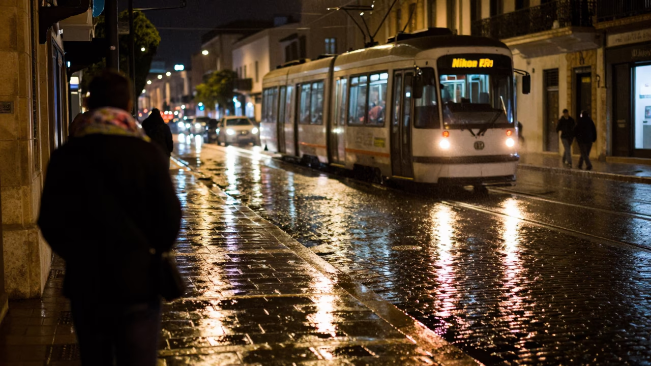 Nighttime Tram Reflections on Wet Tunis Cobblestones with Scarf Wearing Pedestrians in in Tunis, Tunisia