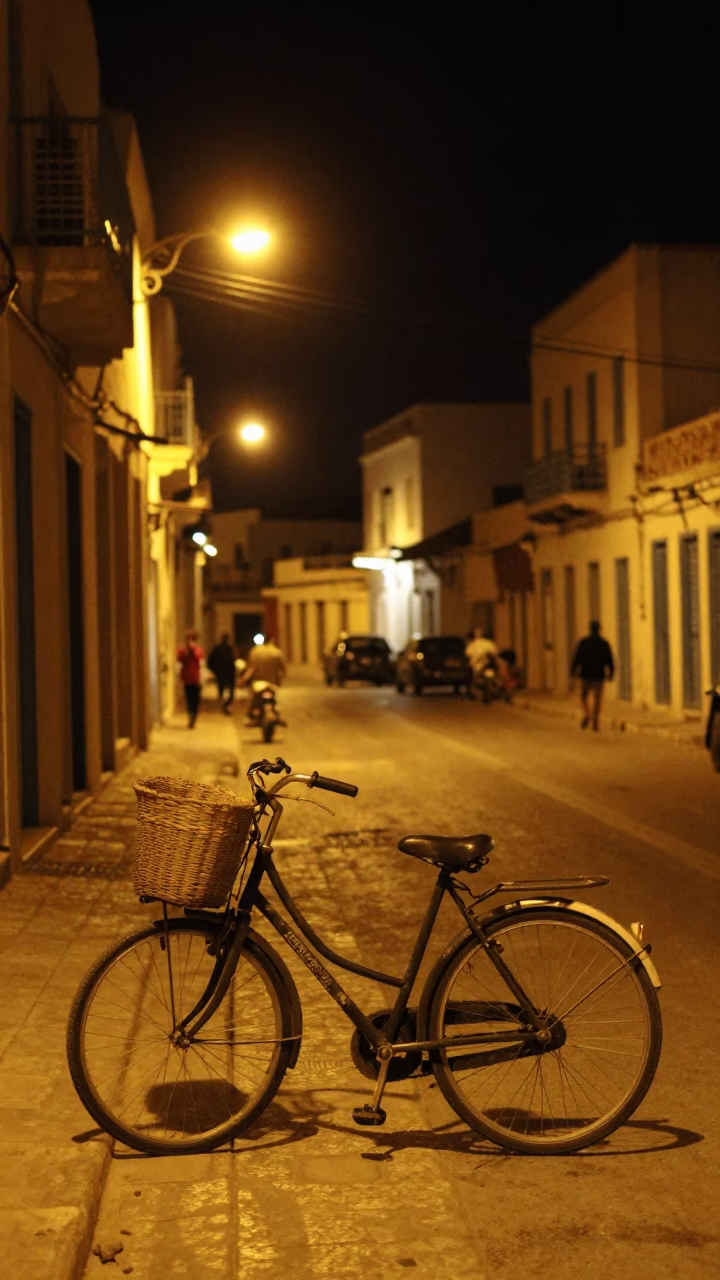 Nighttime Tunis Street Scene with Bicycle Basket and Observatory Silhouette in in Tunis, Tunisia