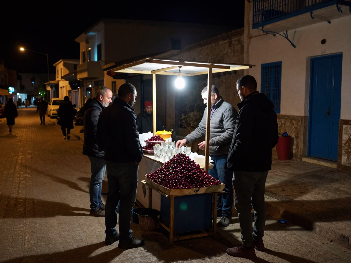 Nighttime Tunis Street Scene with Cherries and Clear Glass Cup Rim in in Tunis, Tunisia