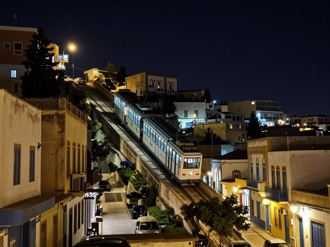 Nighttime Tunis Street Scene with Funicular Climbing Steep Hill and Local Life in in Tunis, Tunisia