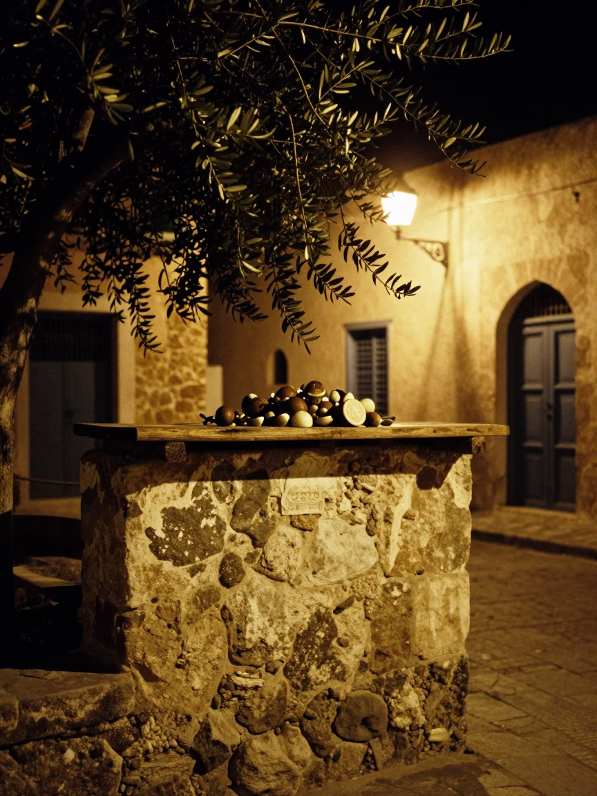Nighttime Tunis Street Scene with Olive Branch and Wash Basin in Medina Courtyard in in Tunis, Tunisia