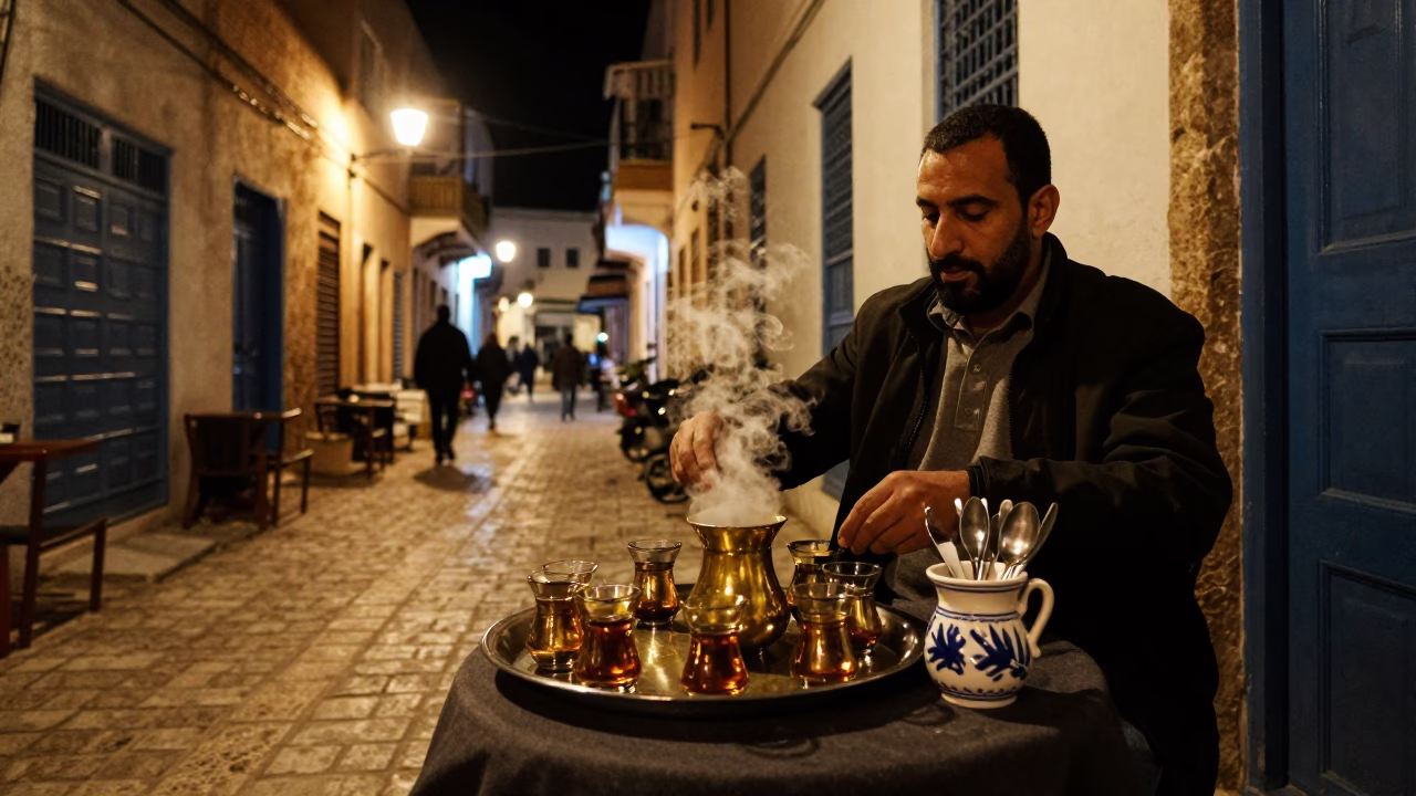 Nighttime Tunis Street Scene with Tea Tray and Utensil Crock in Traditional Setting in in Tunis, Tunisia