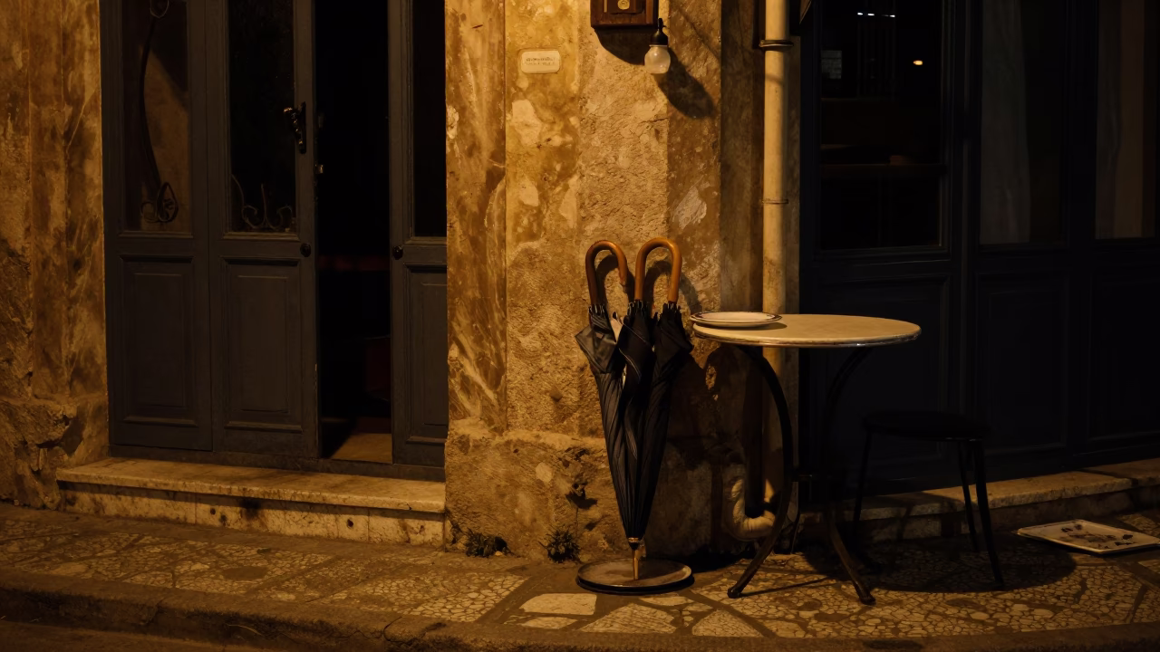 Nighttime Tunis Street Scene with Umbrella Stand and Plate in 1980s Tunisia in in Tunis, Tunisia