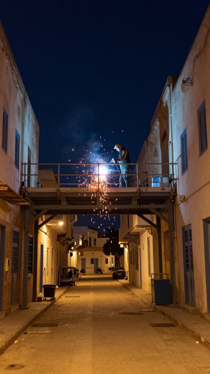 Nighttime Tunis Street Scene with Welding Sparks Beneath Construction Platform in in Tunis, Tunisia