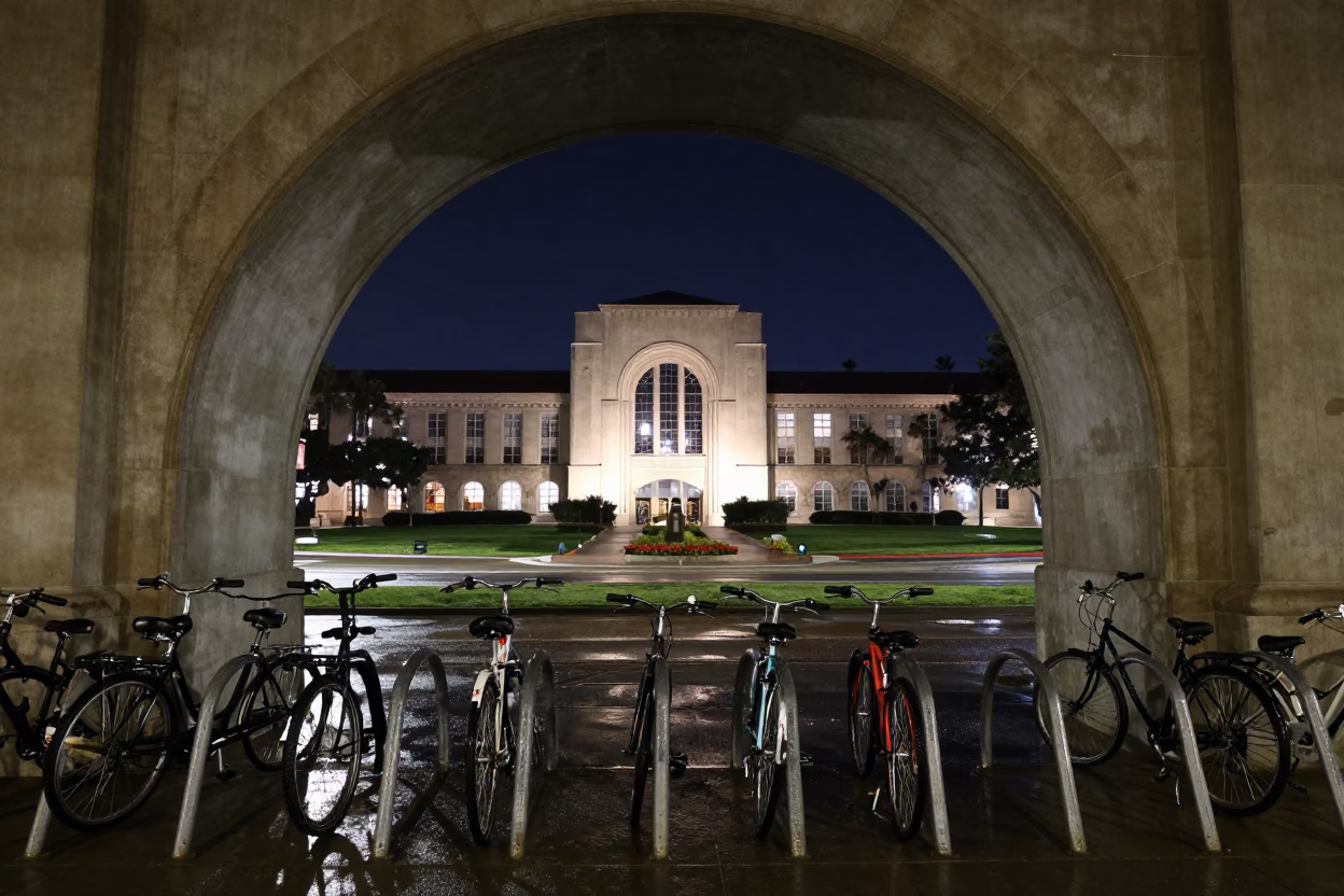 Nighttime University Archway View with Wet Bicycle Rack in San Diego California in in San Diego, California, United States