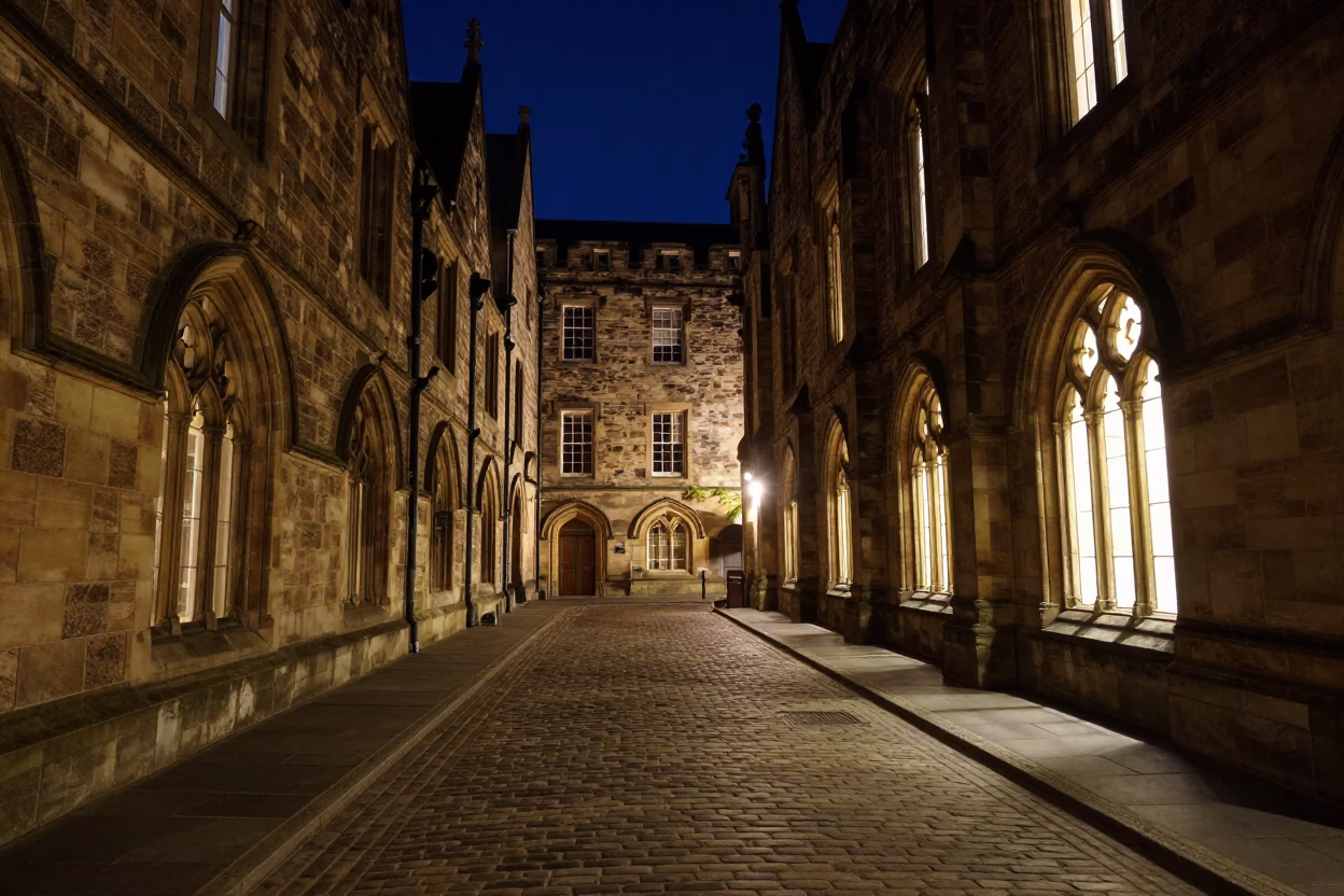 Nighttime University Cloister Walkway in Edinburgh Scotland with Stone Architecture in in Edinburgh, United Kingdom