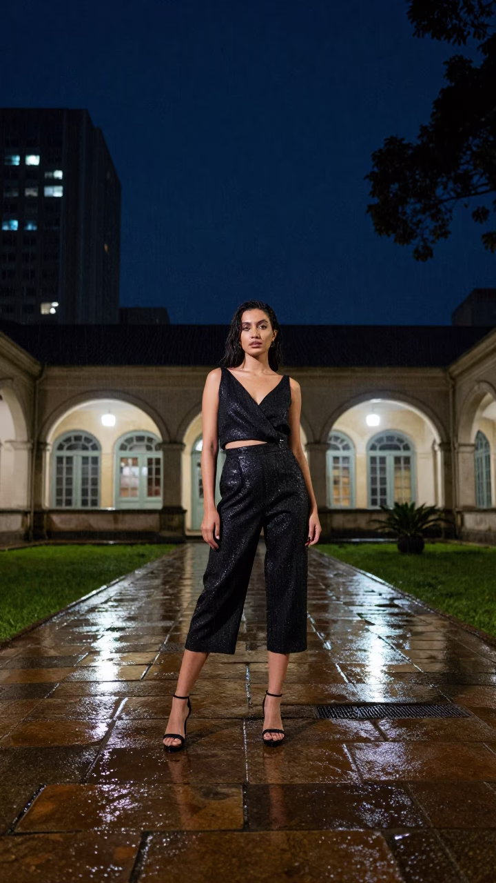 Nighttime University Cloister Wet Flagstones São Paulo Brazil Fashion Photography in in São Paulo, Brazil