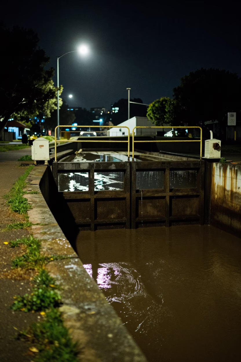 Nighttime Urban Canal Edge with Dripping Sluice Gate in Perth Western Australia in in Perth, Western Australia, Australia