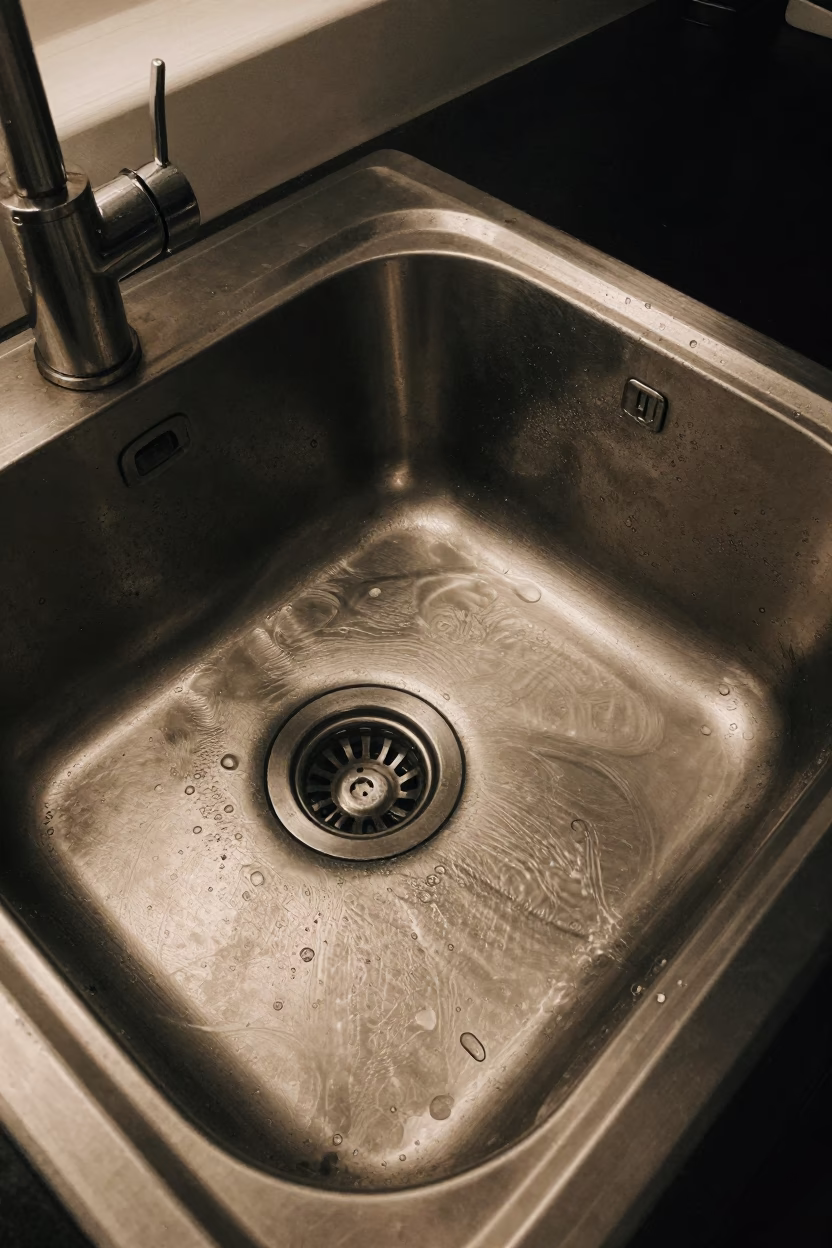Nighttime Urban Kitchen Sink with Grease Sheen and Potted Herbs in San Diego Home in in San Diego, California, United States